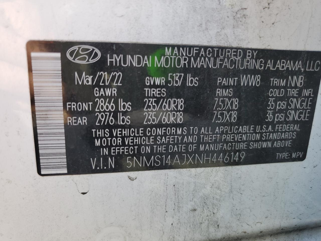 2022 Hyundai Santa Fe Se VIN: 5NMS14AJXNH446149 Lot: 74141134