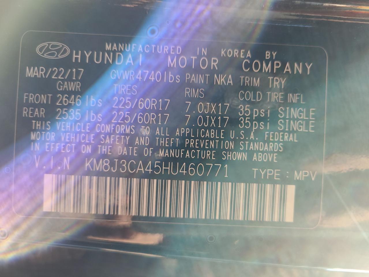 2017 Hyundai Tucson Limited VIN: KM8J3CA45HU460771 Lot: 74768444