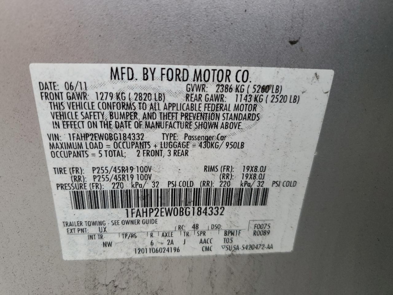 2011 Ford Taurus Sel VIN: 1FAHP2EW0BG184332 Lot: 73064134