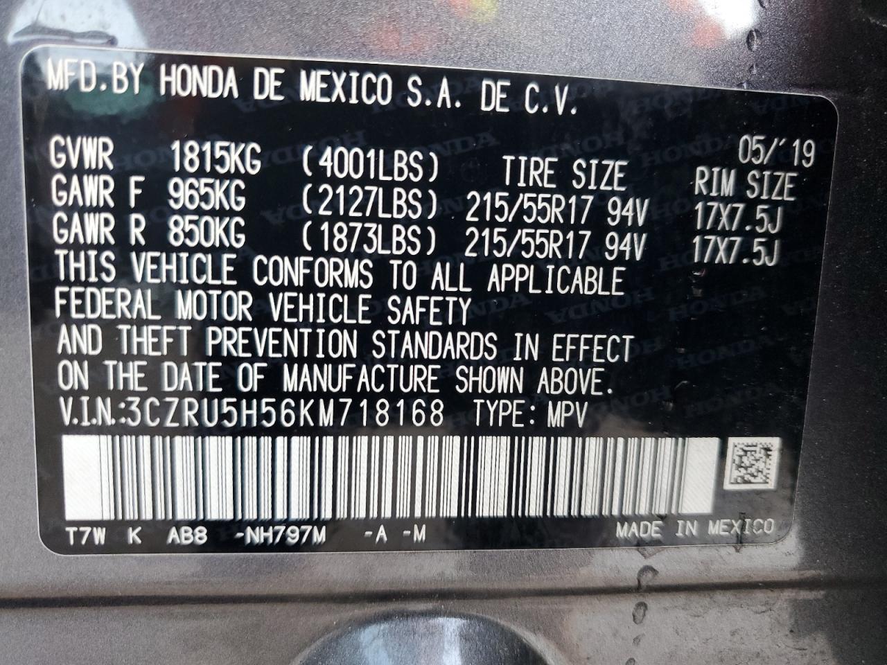 3CZRU5H56KM718168 2019 Honda Hr-V Ex