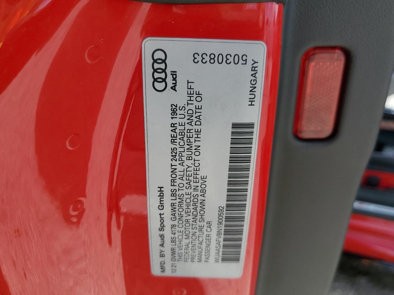 WUAASAFV8N1900592 2022 Audi Tt Rs