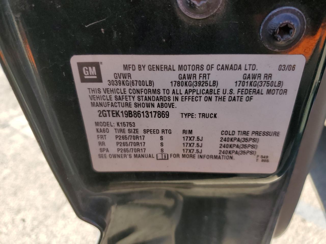 2GTEK19B861317869 2006 GMC New Sierra K1500