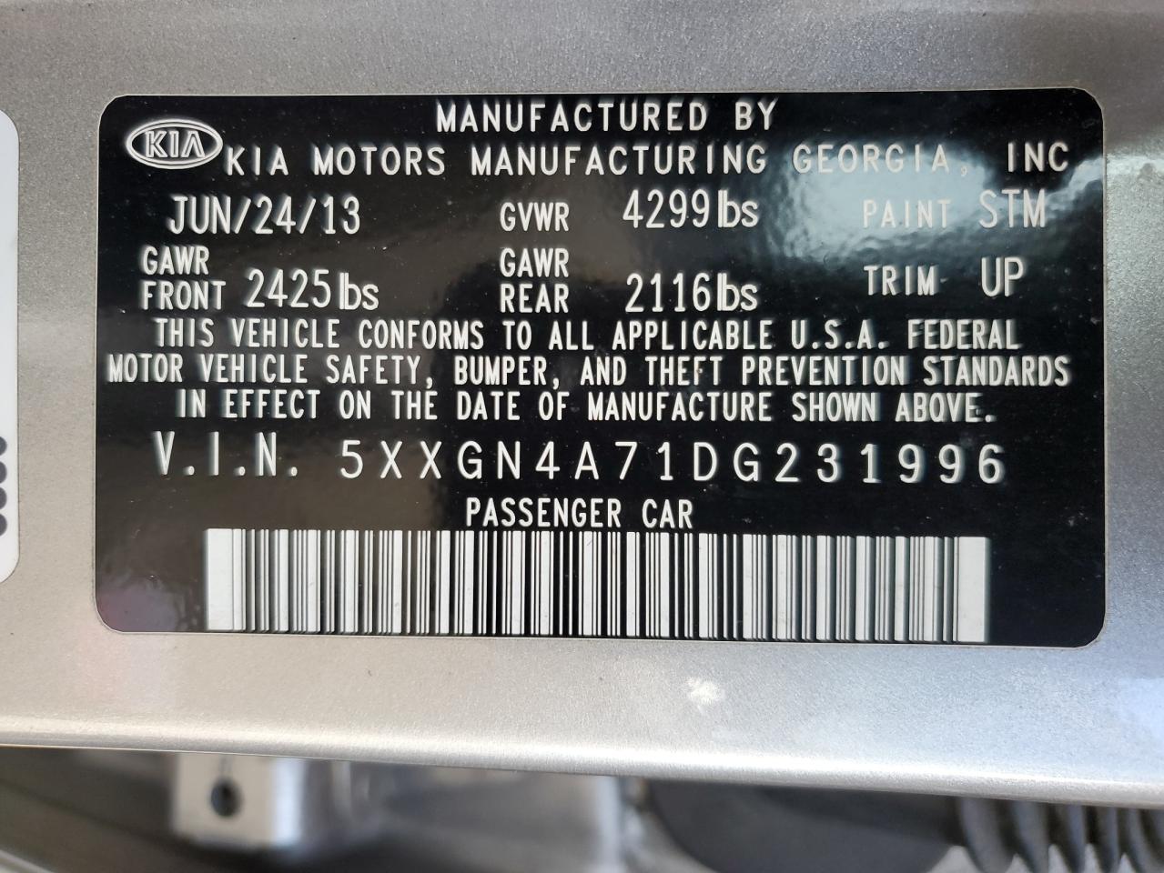2013 Kia Optima Ex VIN: 5XXGN4A71DG231996 Lot: 75771594