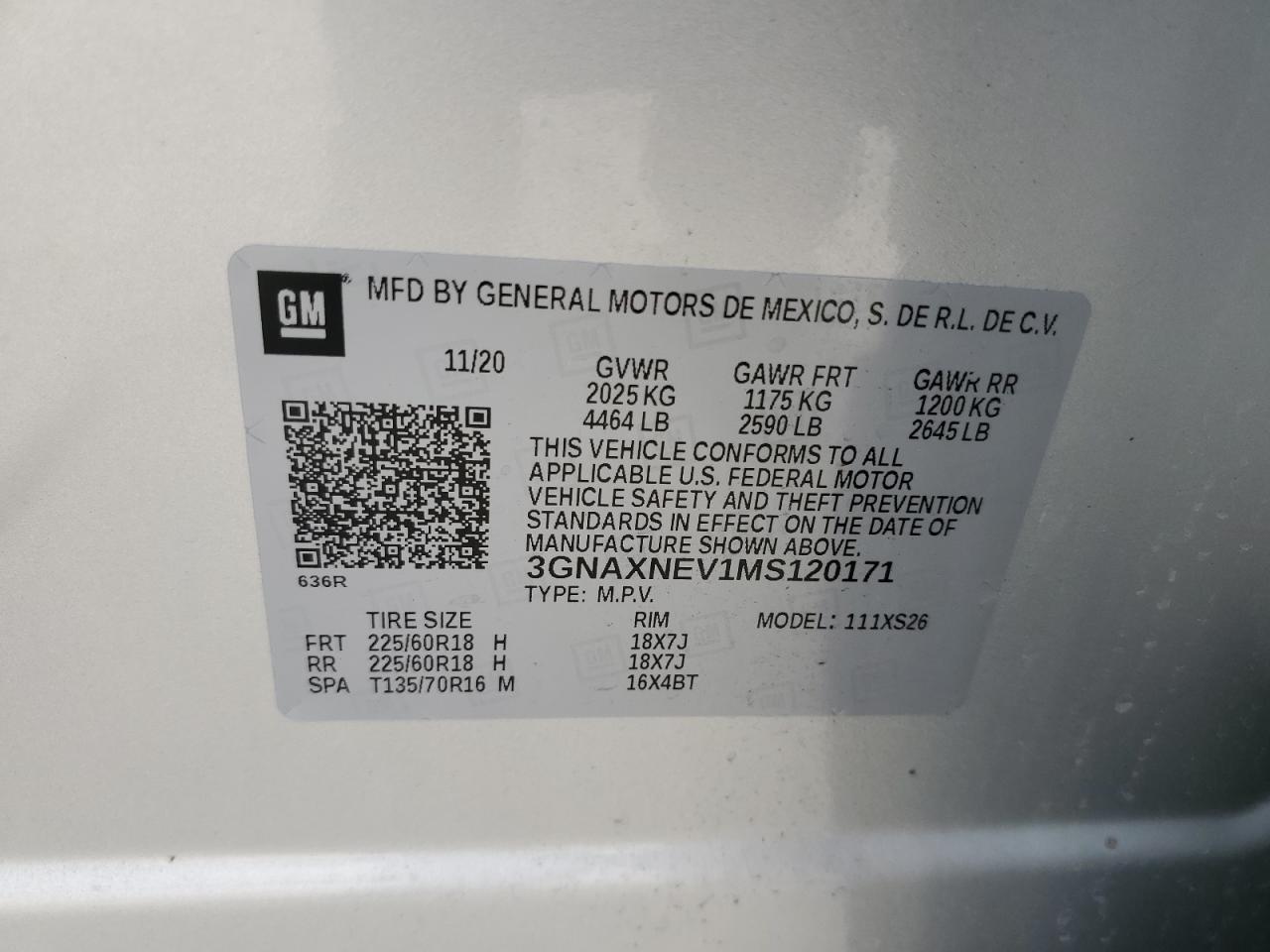 3GNAXNEV1MS120171 2021 Chevrolet Equinox Premier