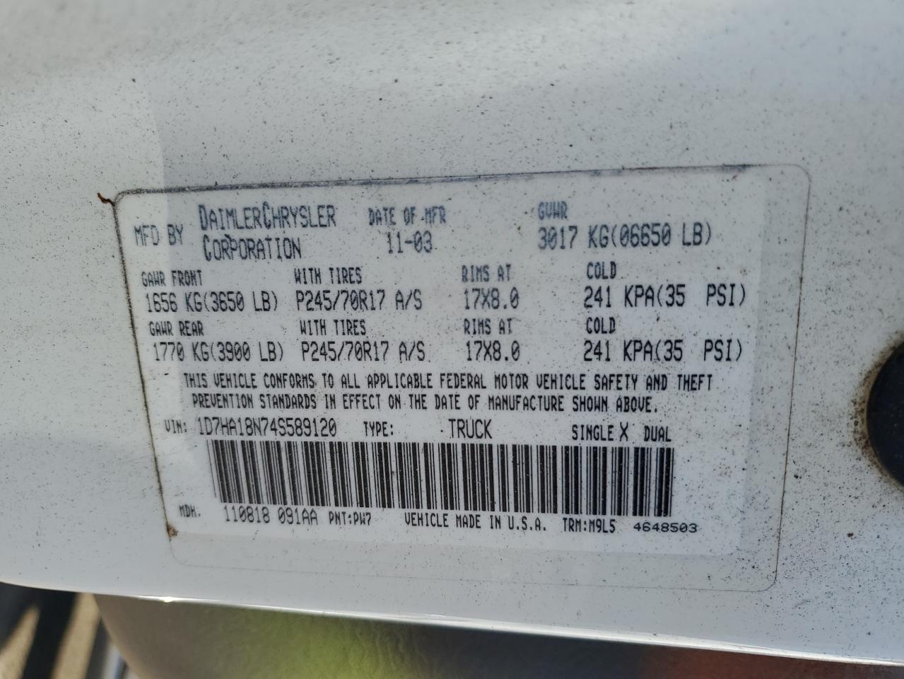 2004 Dodge Ram 1500 St VIN: 1D7HA18N74S589120 Lot: 77025574