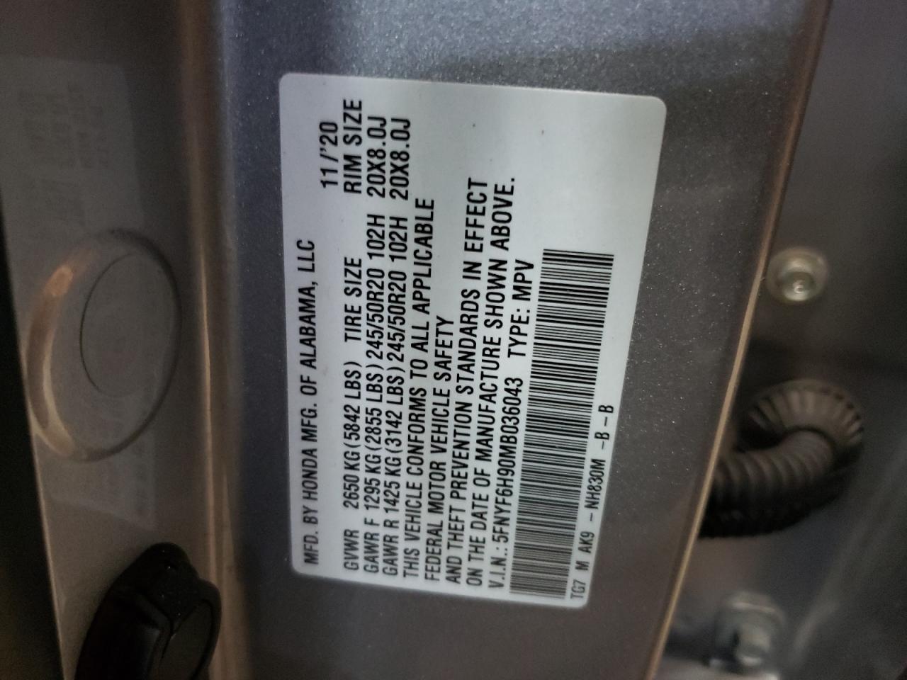 5FNYF6H90MB036043 2021 Honda Pilot Touring