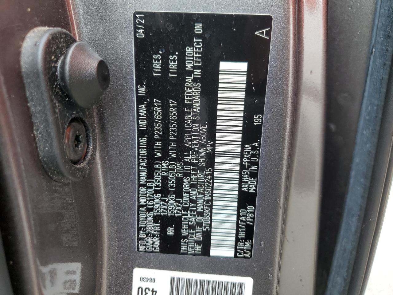 5TDBSKFC1MS022415 2021 Toyota Sienna Le