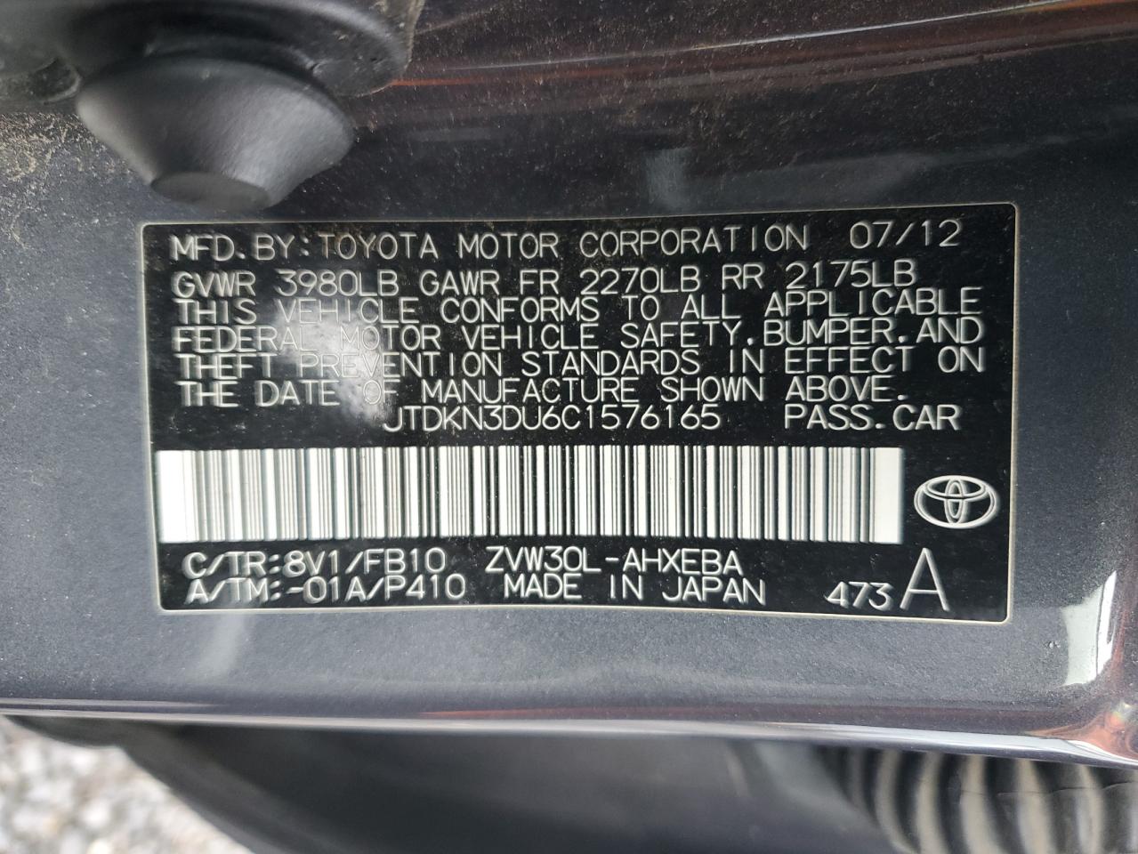 JTDKN3DU6C1576165 2012 Toyota Prius