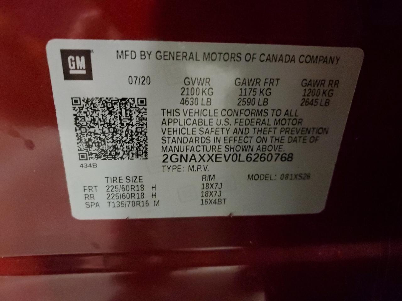 2GNAXXEV0L6260768 2020 Chevrolet Equinox Premier