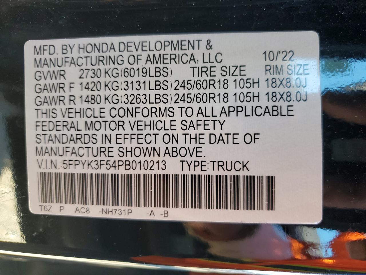 5FPYK3F54PB010213 2023 Honda Ridgeline Rtl