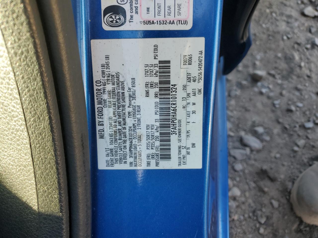 2012 Ford Fusion Se VIN: 3FAHP0HA6CR101324 Lot: 75448324