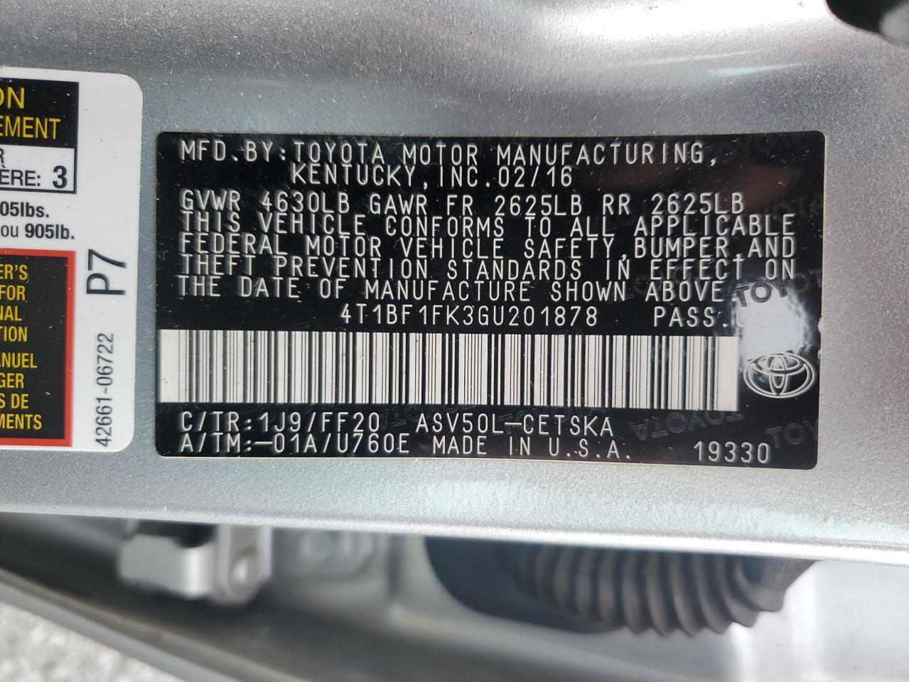 4T1BF1FK3GU201878 2016 Toyota Camry Le