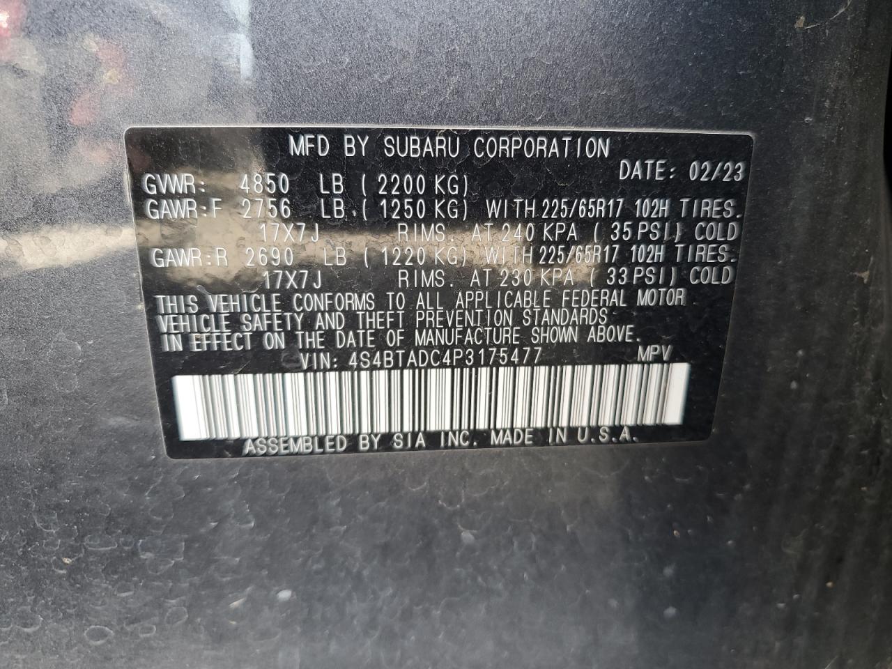 VIN 4S4BTADC4P3175477 2023 SUBARU OUTBACK no.12