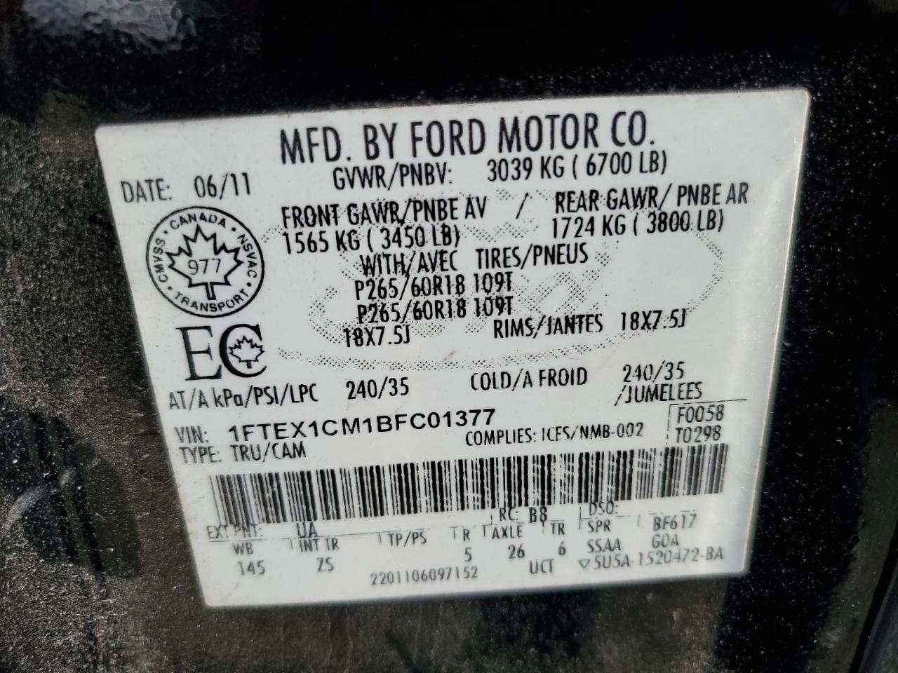2011 Ford F150 Super Cab VIN: 1FTEX1CM1BFC01377 Lot: 74317374