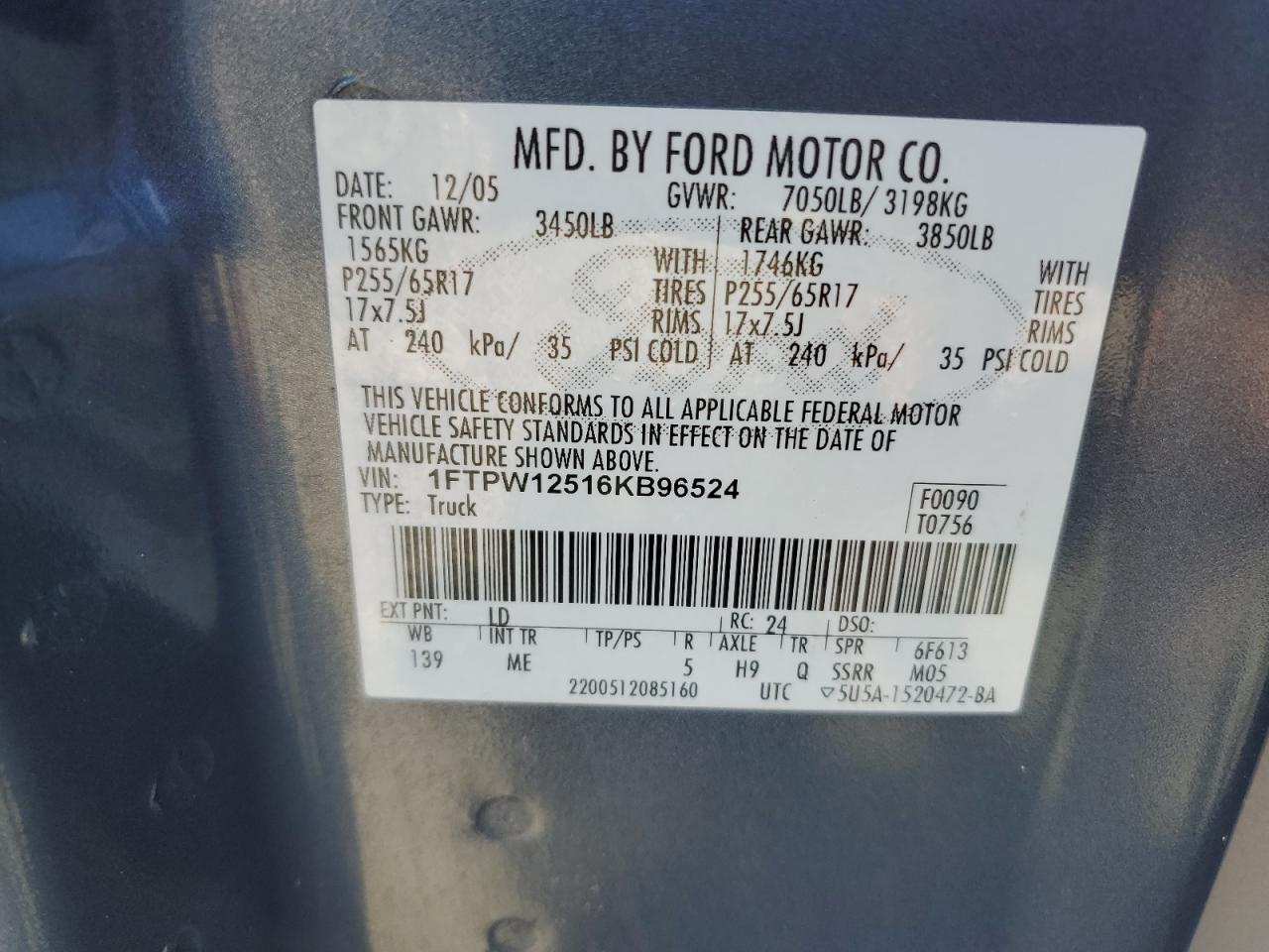 2006 Ford F150 Supercrew VIN: 1FTPW12516KB96524 Lot: 77823254