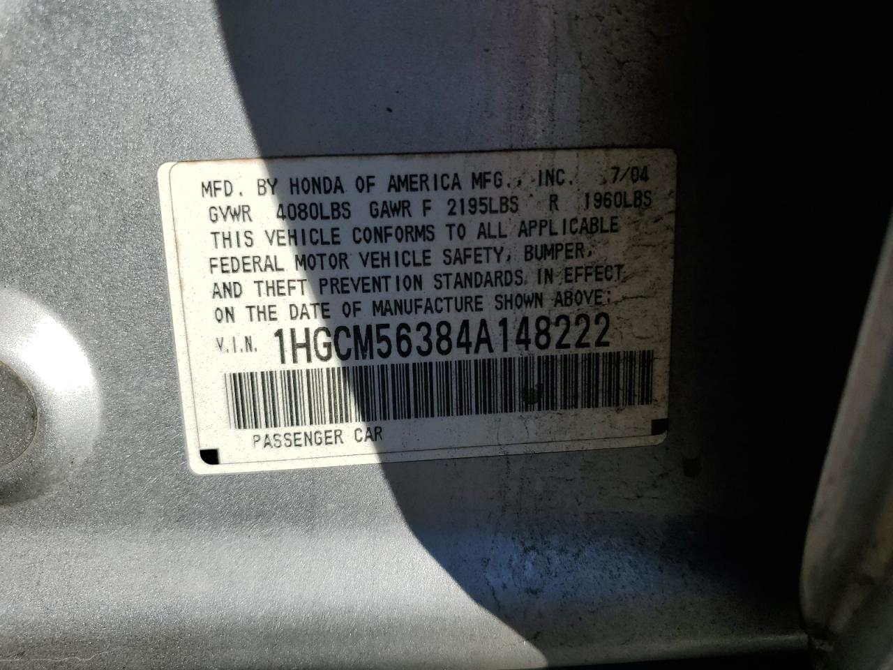 1HGCM56384A148222 2004 Honda Accord Lx