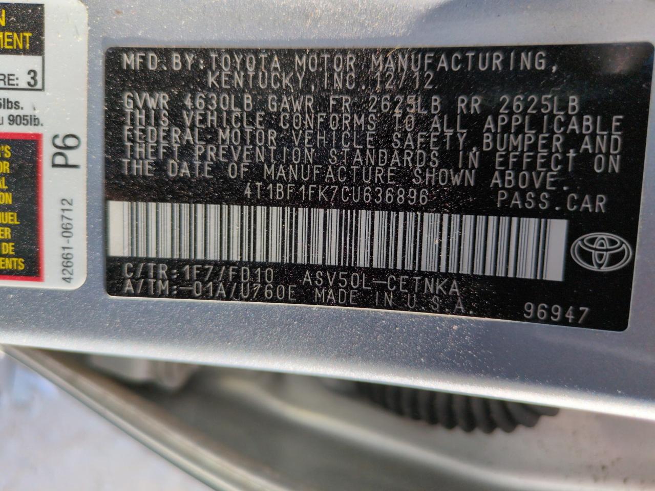 4T1BF1FK7CU636896 2012 Toyota Camry Base