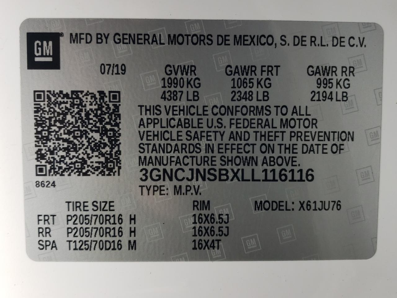 2020 Chevrolet Trax Ls VIN: 3GNCJNSBXLL116116 Lot: 76602544