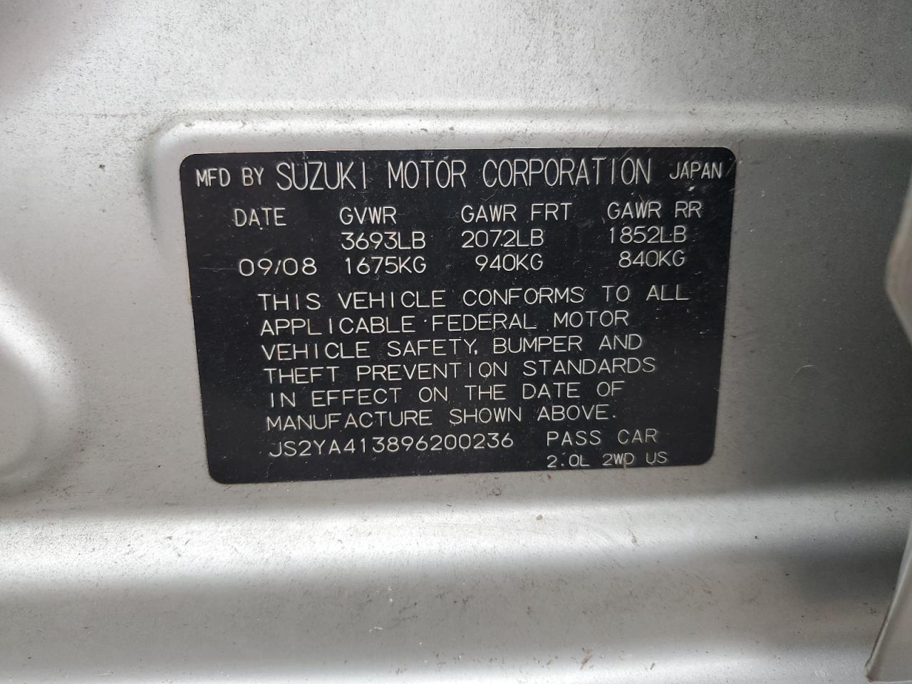 JS2YA413896200236 2009 Suzuki Sx4 Technology