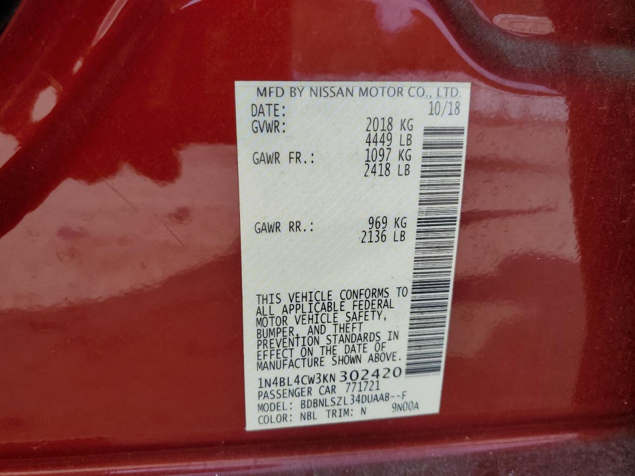 1N4BL4CW3KN302420 2019 NISSAN ALTIMA - Image 13