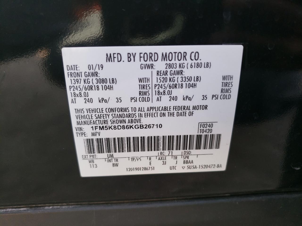 VIN 1FM5K8D86KGB26710 2019 FORD EXPLORER no.13