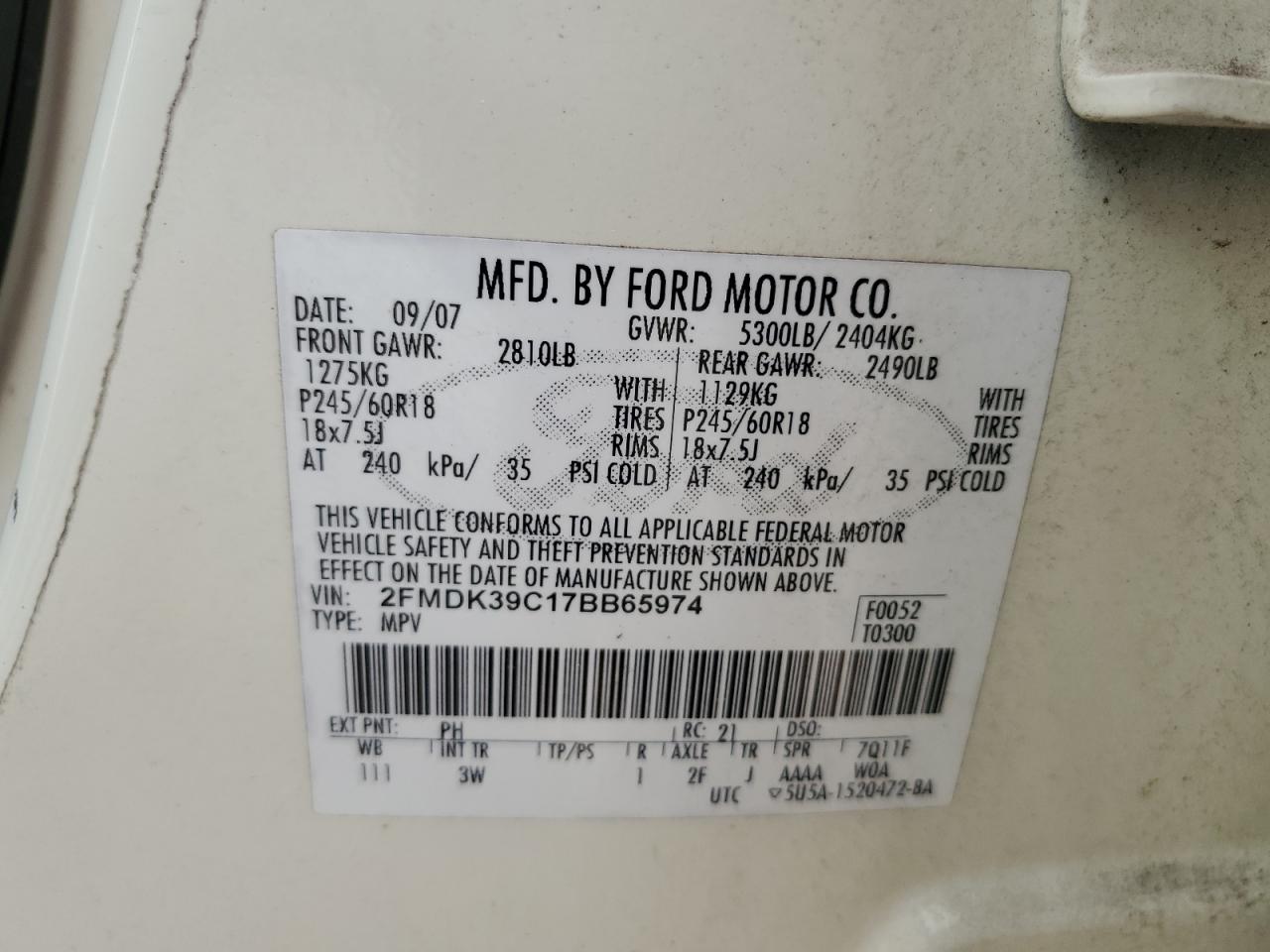 2FMDK39C17BB65974 2007 Ford Edge Sel Plus