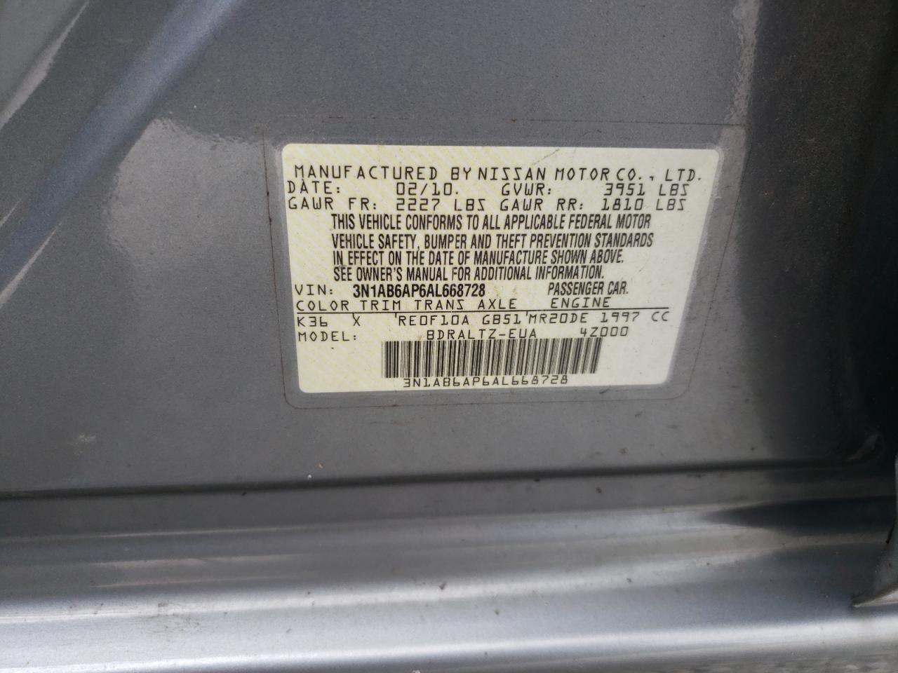 2010 Nissan Sentra 2.0 VIN: 3N1AB6AP6AL668728 Lot: 76305464