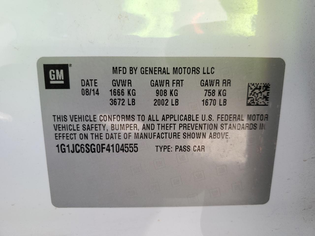 2015 Chevrolet Sonic Lt VIN: 1G1JC6SG0F4104555 Lot: 74437614