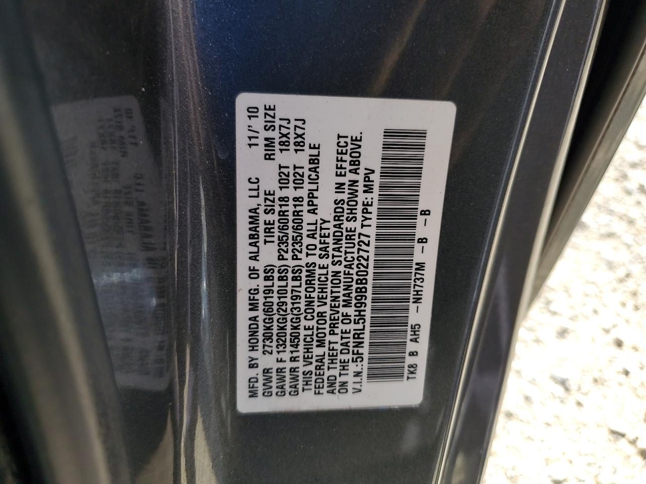 2011 Honda Odyssey Touring VIN: 5FNRL5H99BB022727 Lot: 74232764