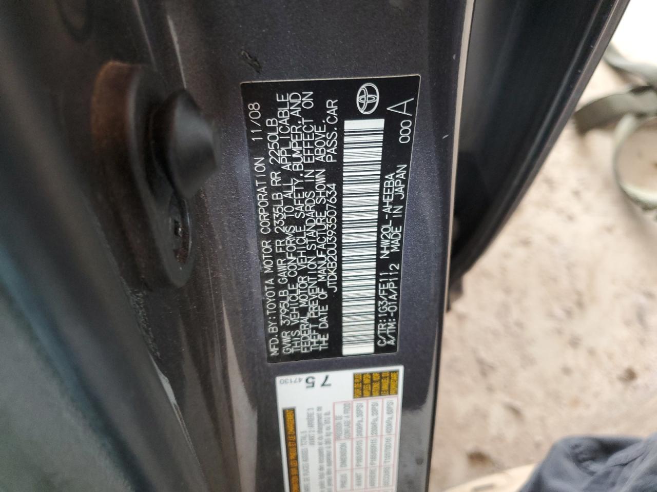 JTDKB20U393507634 2009 Toyota Prius