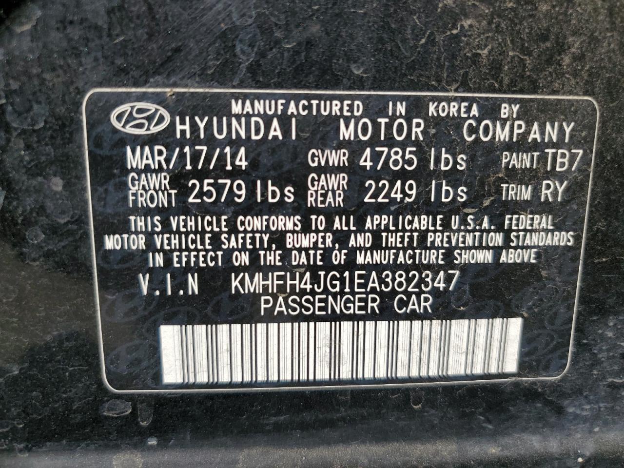 2014 Hyundai Azera Gls VIN: KMHFH4JG1EA382347 Lot: 74104714