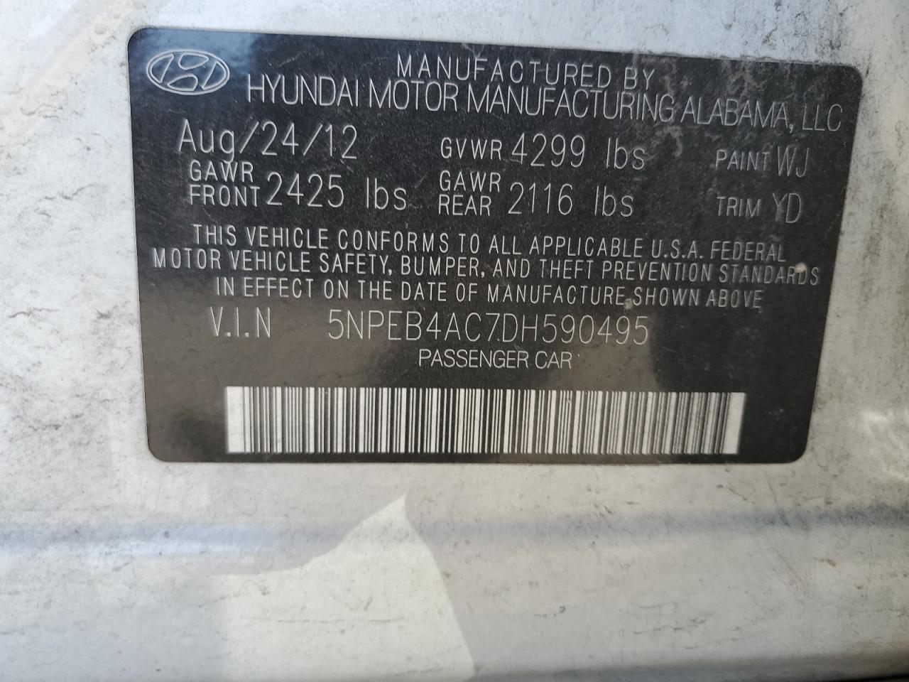 VIN 5NPEB4AC7DH590495 2013 HYUNDAI SONATA no.12