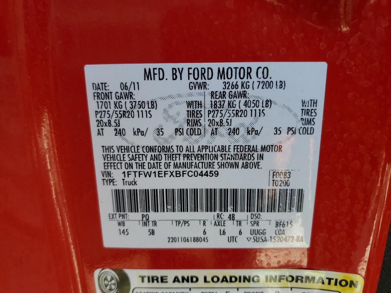 1FTFW1EFXBFC04459 2011 Ford F150 Supercrew