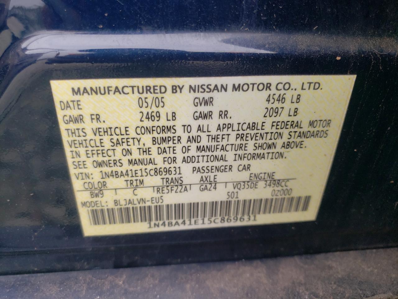 1N4BA41E15C869631 2005 Nissan Maxima Se