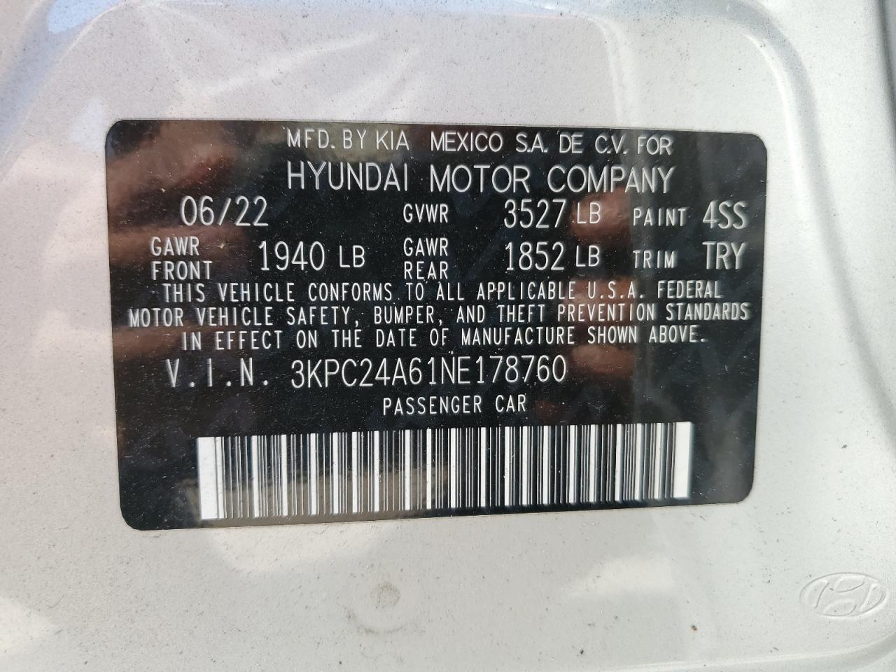 3KPC24A61NE178760 2022 Hyundai Accent Se