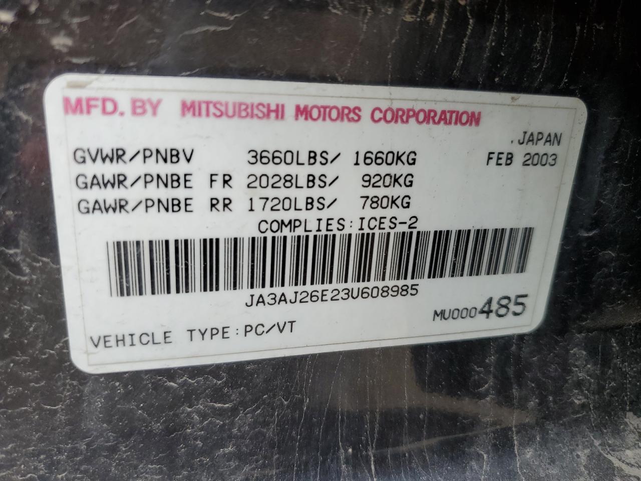 JA3AJ26E23U608985 2003 Mitsubishi Lancer Es