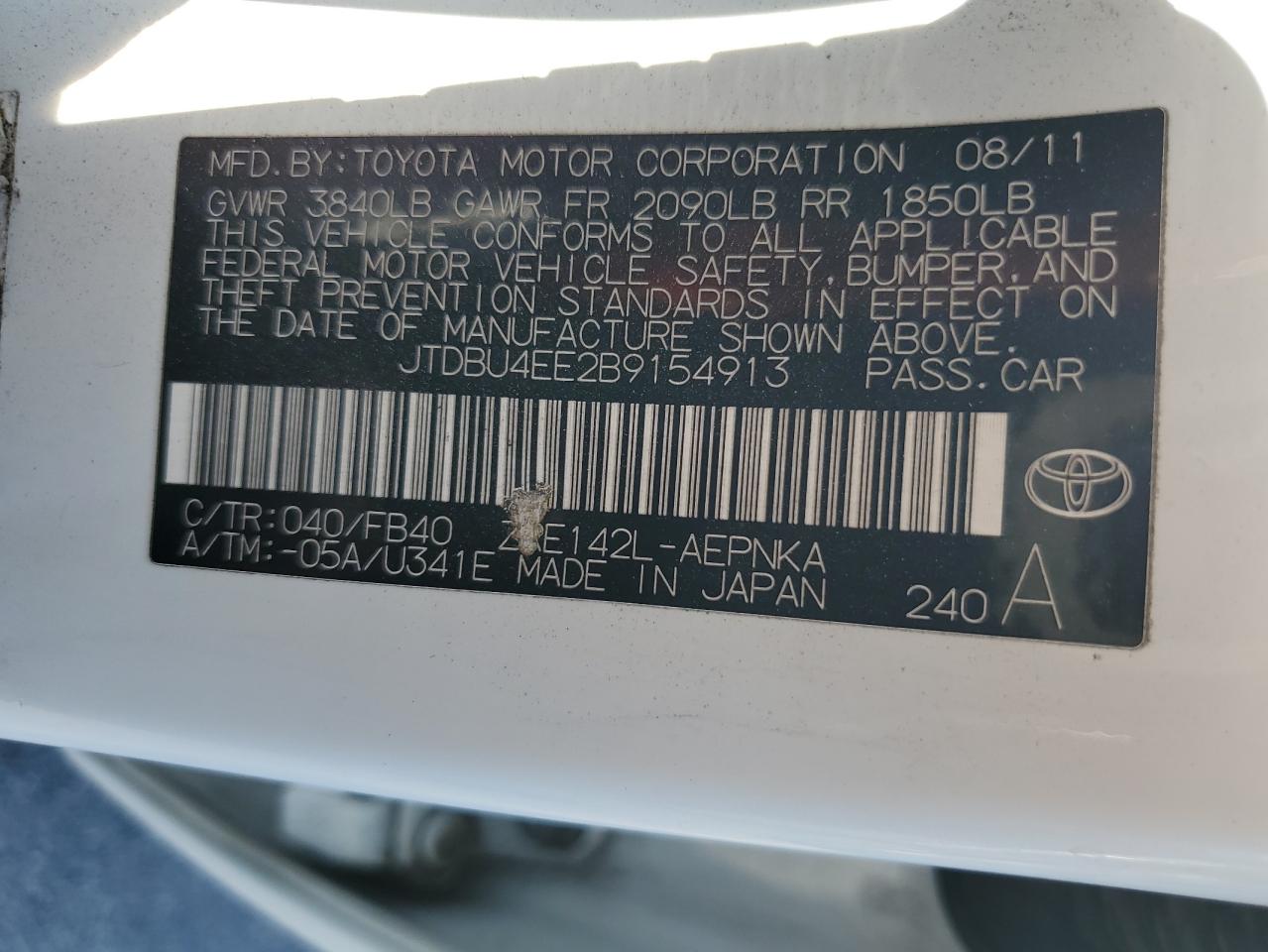 JTDBU4EE2B9154913 2011 Toyota Corolla Base