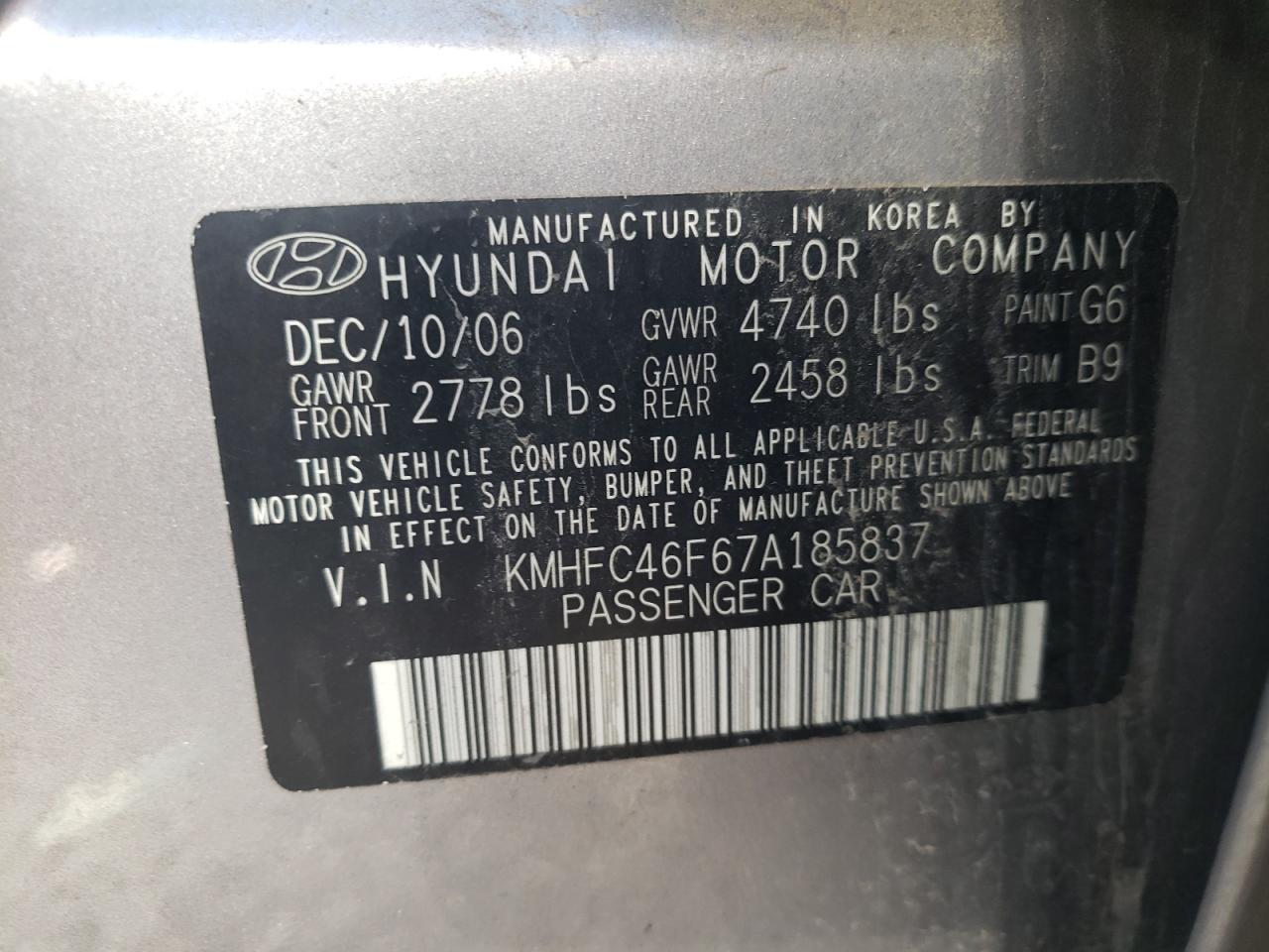 KMHFC46F67A185837 2007 Hyundai Azera Se