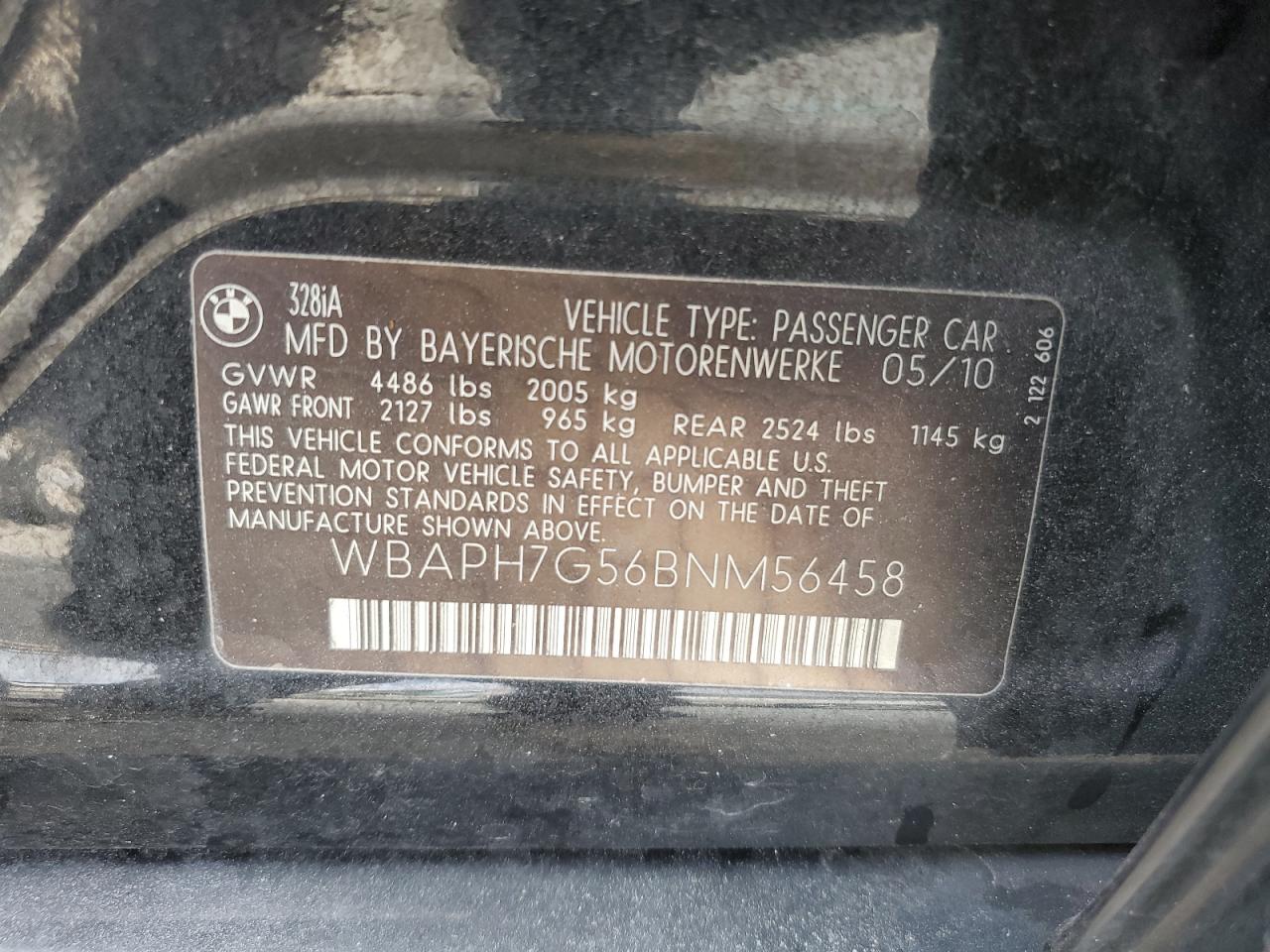 2011 BMW 328 I VIN: WBAPH7G56BNM56458 Lot: 77318014