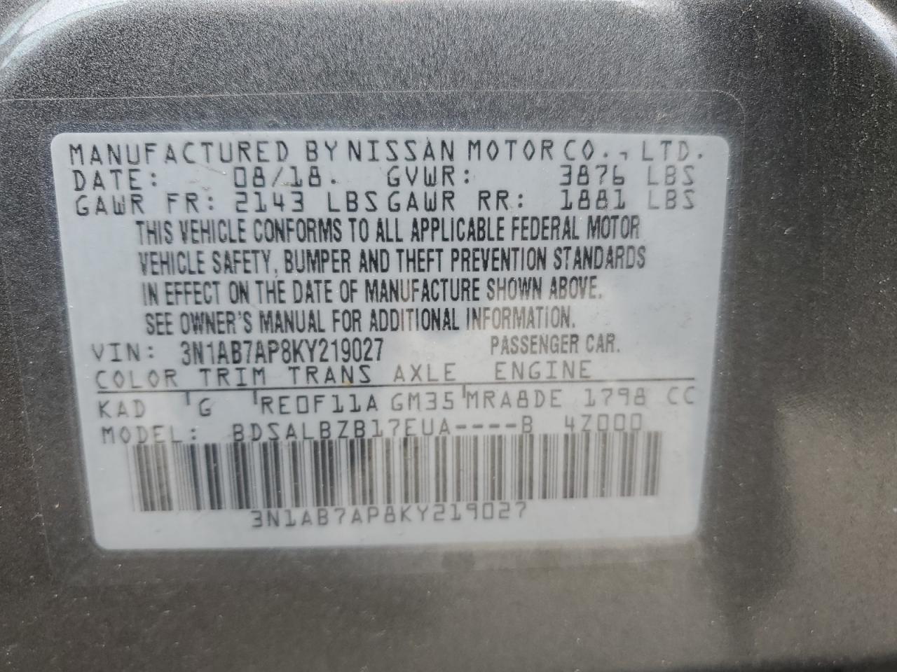 2019 Nissan Sentra S VIN: 3N1AB7AP8KY219027 Lot: 74693564