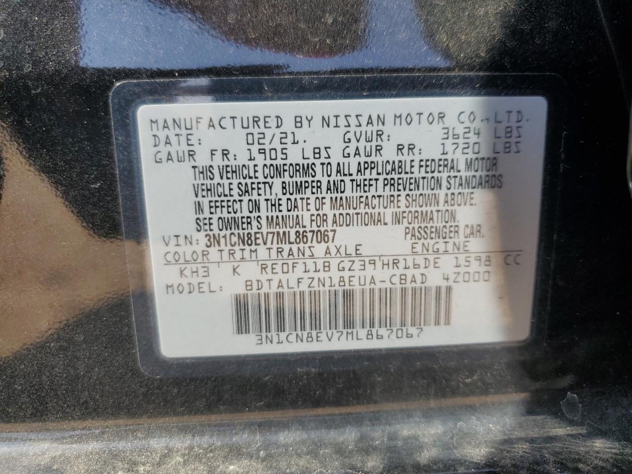 3N1CN8EV7ML867067 2021 Nissan Versa Sv