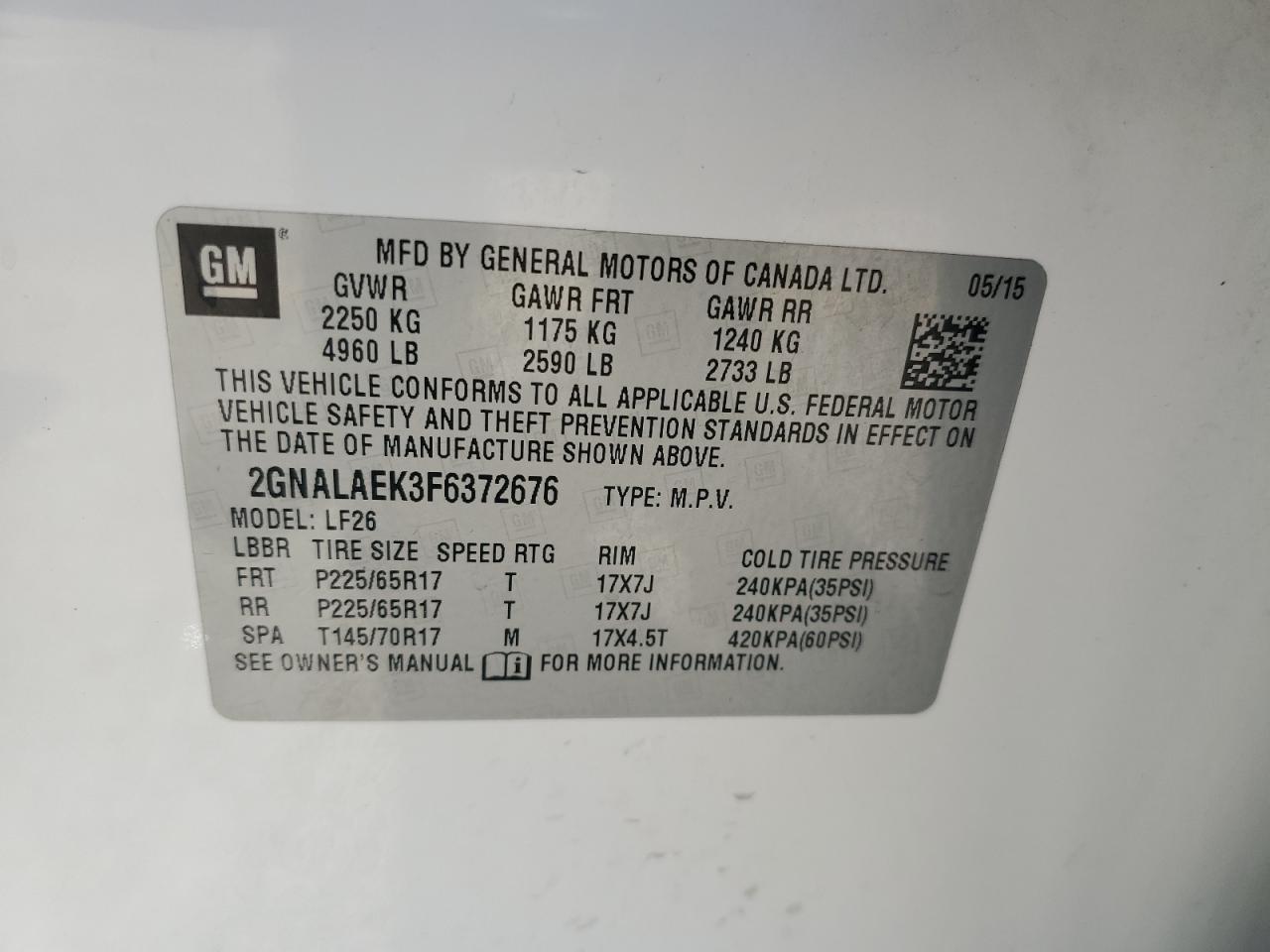 2GNALAEK3F6372676 2015 Chevrolet Equinox Ls