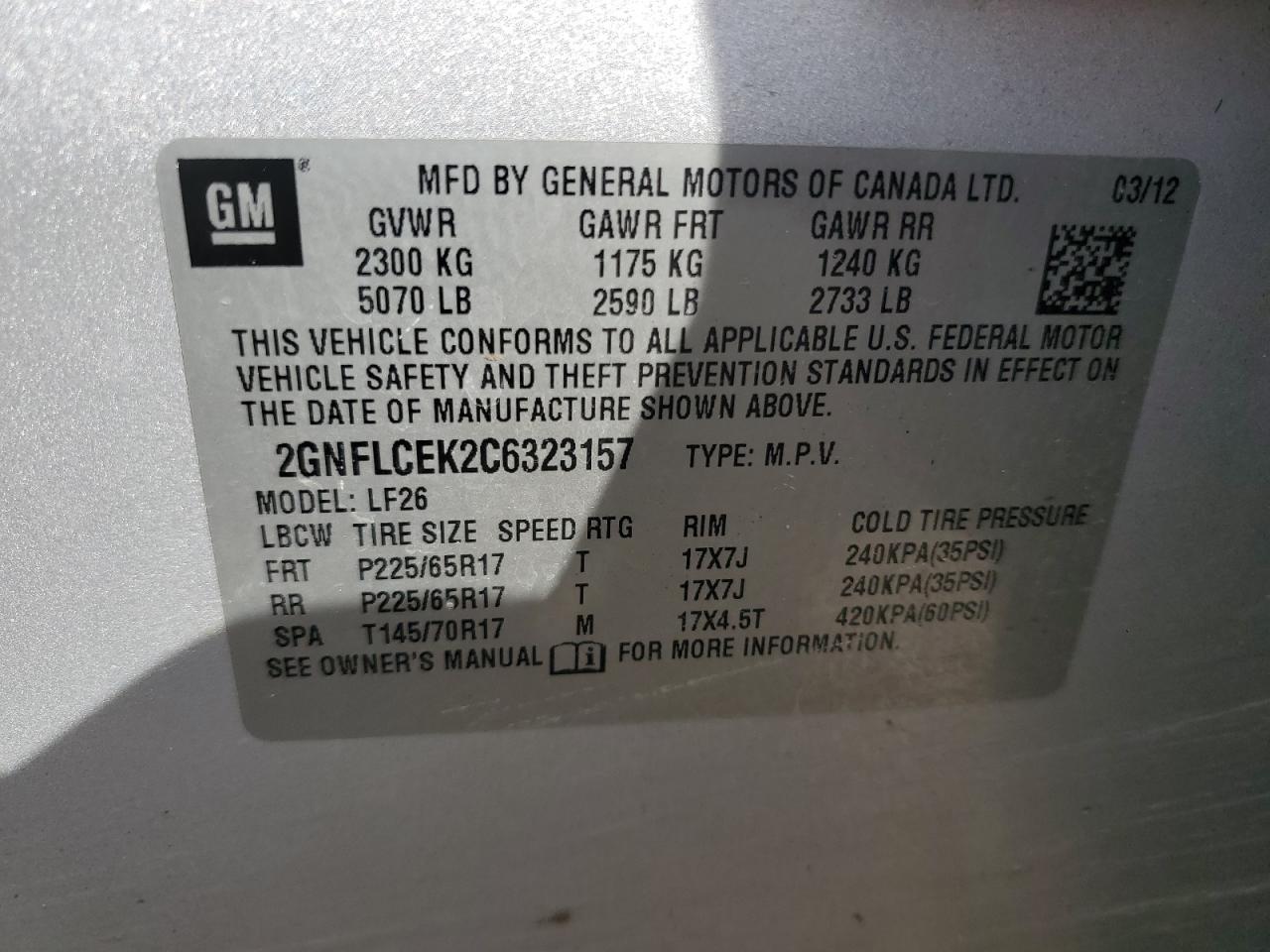 2012 Chevrolet Equinox Ls VIN: 2GNFLCEK2C6323157 Lot: 77636894