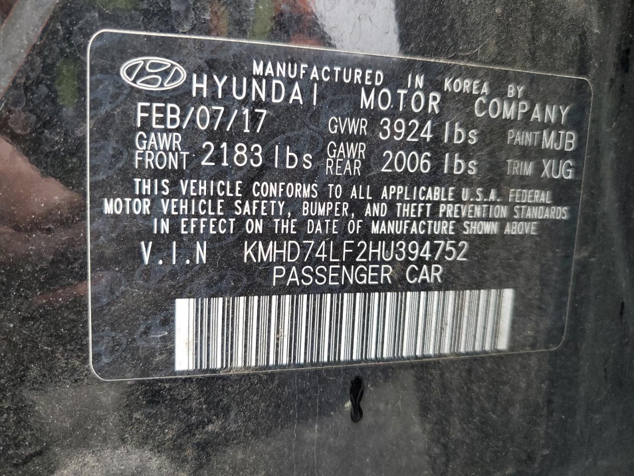 KMHD74LF2HU394752 2017 Hyundai Elantra Se