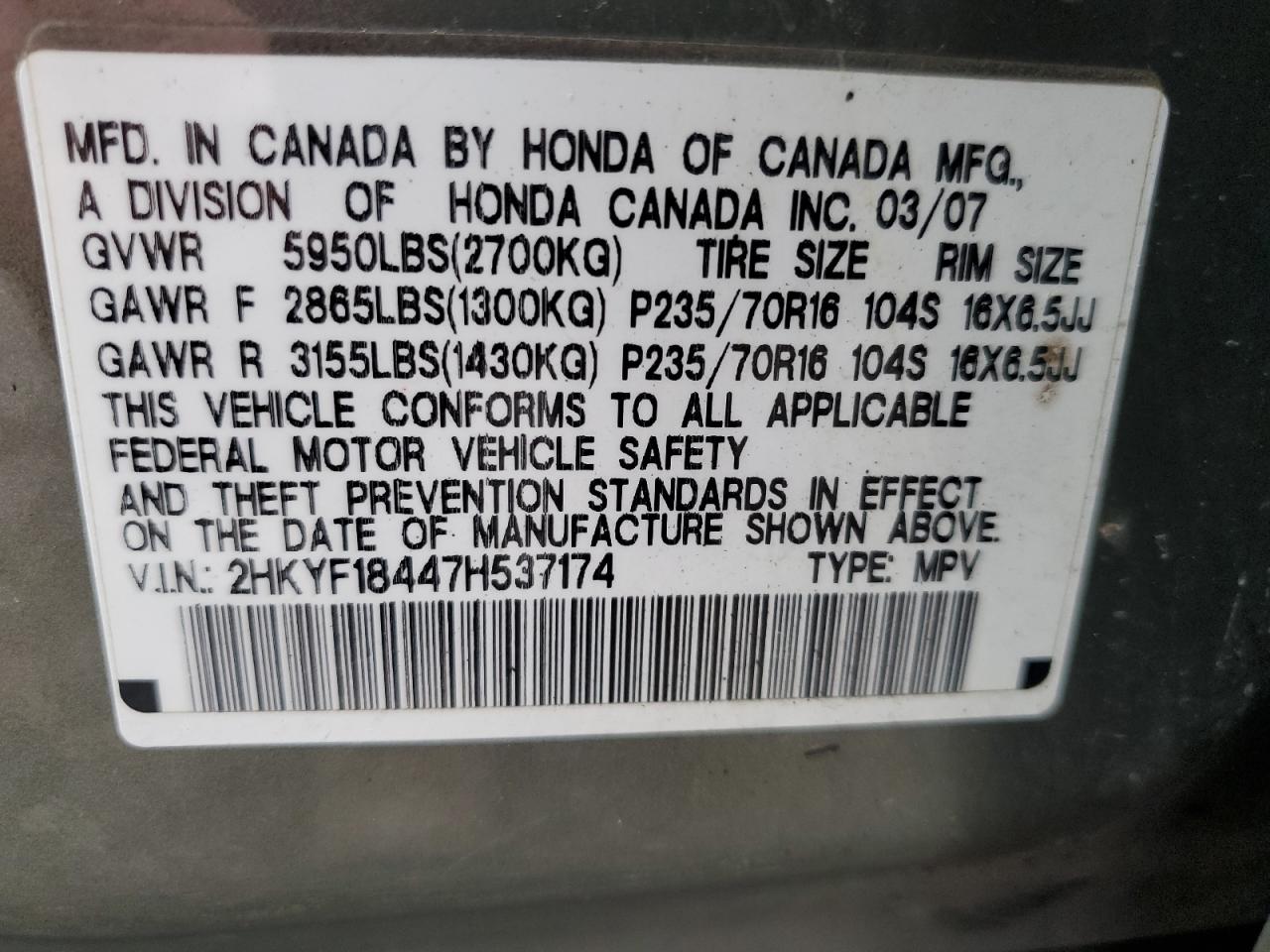 2007 Honda Pilot Ex VIN: 2HKYF18447H537174 Lot: 76795524