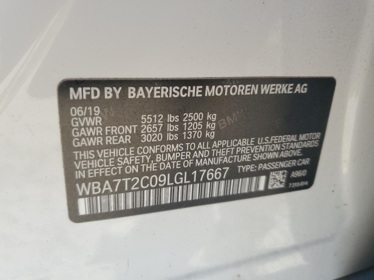 2020 BMW 740 I VIN: WBA7T2C09LGL17667 Lot: 75892104