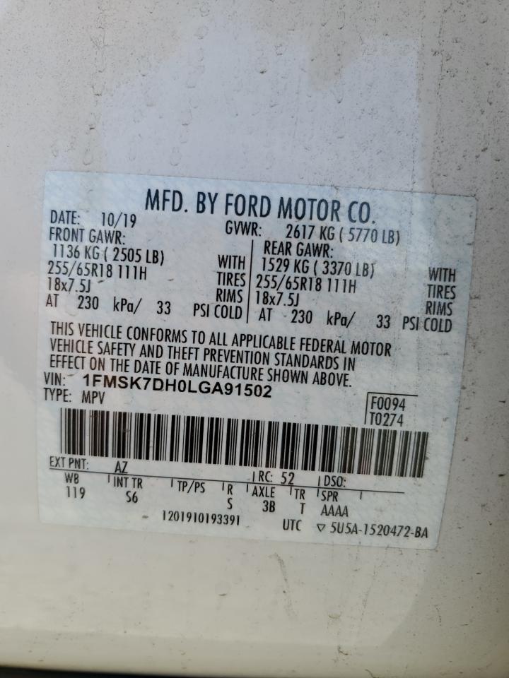 2020 Ford Explorer Xlt VIN: 1FMSK7DH0LGA91502 Lot: 75118084