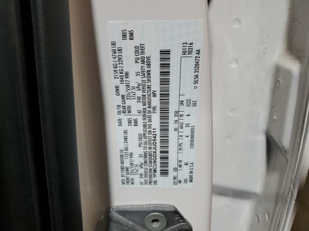 1FMCU9GDXJUD54211 2018 Ford Escape Se