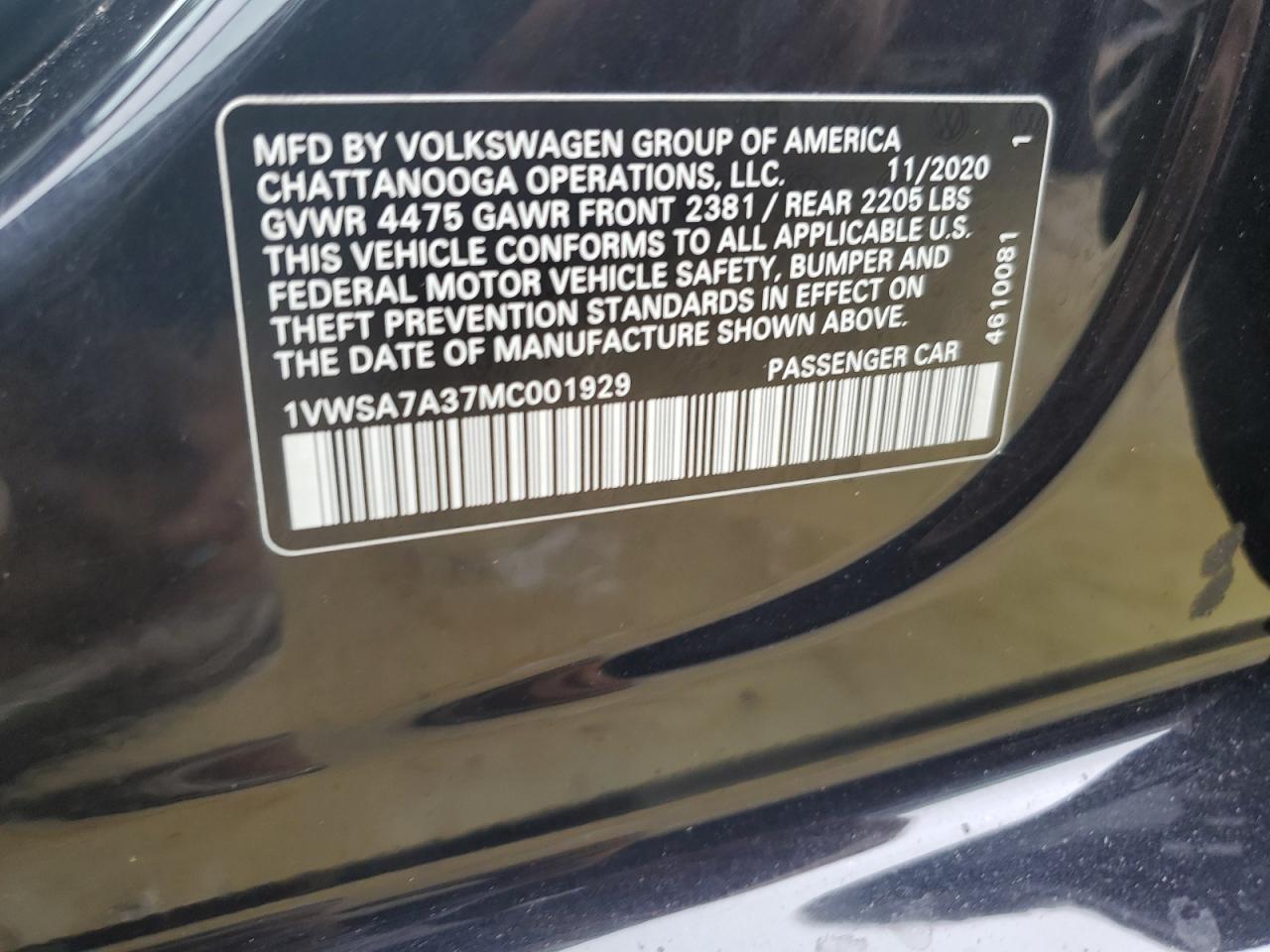 1VWSA7A37MC001929 2021 Volkswagen Passat Se