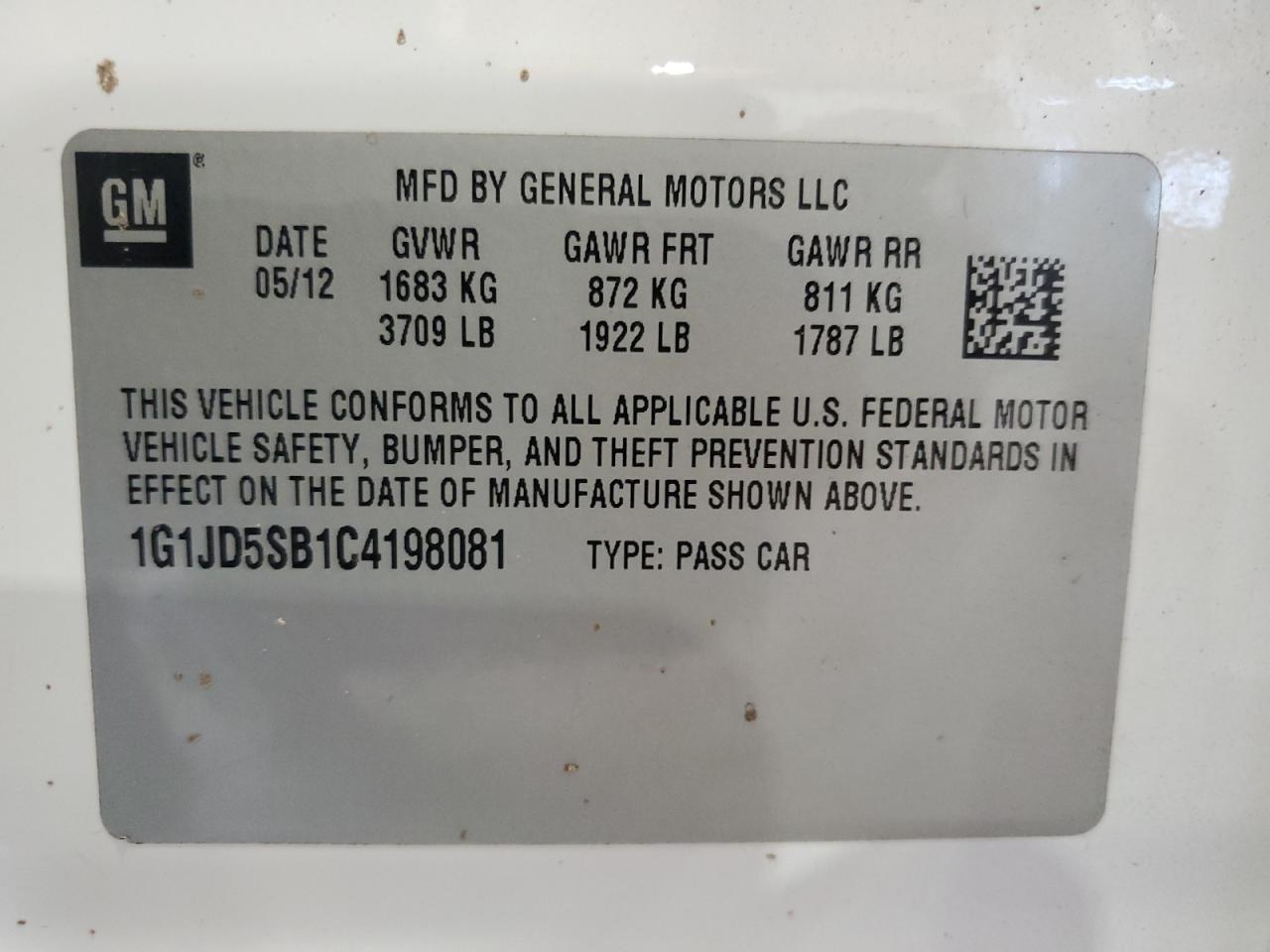 2012 Chevrolet Sonic Lt VIN: 1G1JD5SB1C4198081 Lot: 56354235